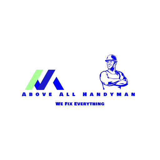 Above All Handy Man Logo with Muscaler man with folded arms and hardhat above the above all handyman name 